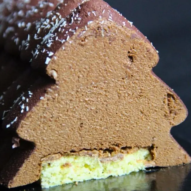 Sa bûche sapin au chocolat coupée, mousse chocolat sur biscuit